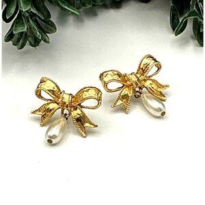 Vintage Gold tone Bow Earrings With Faux Pearl Dangle